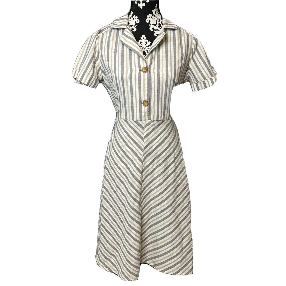 mlle gabrielle dress small striped a line collared button blue brown Shirt Slv